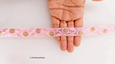 Pink Net Lace Trim In Floral Embroidery And Glitter Gold Sequins, , Wedding Trims
